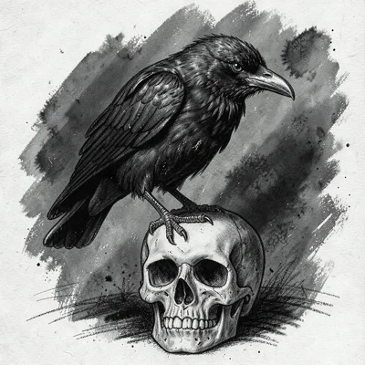 Raven perched on skull