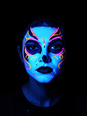 A UV-reactive face paint portrait — white base glowing electric blue with neon o