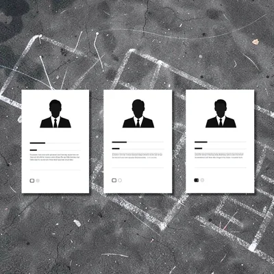 Banner-wide layout of three resume-card silhouettes evenly spaced on a chalk fie