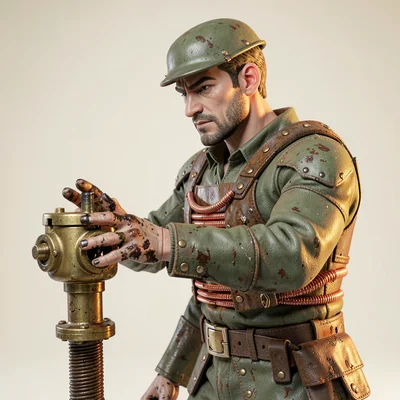The engineer presses an oil-stained palm against a brass intake valve, copper co