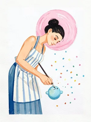 A figure in a striped apron leaning toward a small floating shape, painting a fi