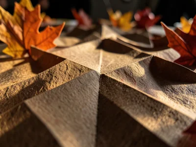 Paper-folded autumn leaves as place card holders, thanksgiving table