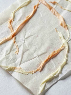 Tissue paper compressed beneath a layer of dried paste showing wrinkled ivory pl