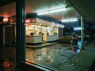 Roadside diner exterior through plate glass at night