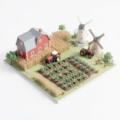 A farm scene: red barn, tractor in a field of wheat, vegetable garden in neat ro