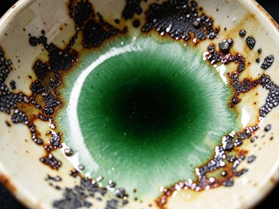 Celadon green glaze pooling in a flat bowl, deepest green at center fading to th