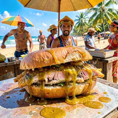 Vivid photograph with Trinidadian cultural fusion aesthetic, Bake and shark sand