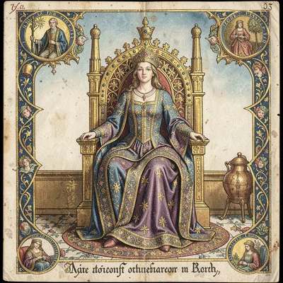 A queen seated on a jeweled throne