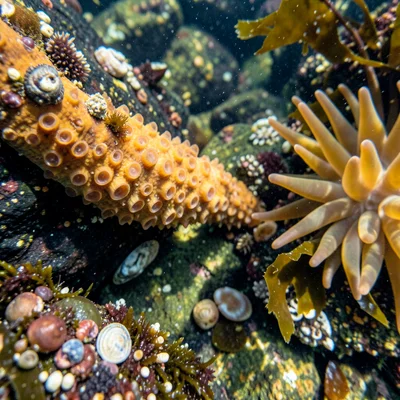 Ochre sea star arm tip macro, hundreds of tube feet visible on underside, grip p