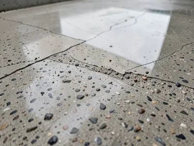 Polished concrete floor extreme closeup, aggregate stones visible through smooth