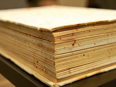 Deckle edge book viewed from the side, irregular untrimmed page edges creating r