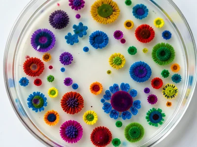 Spread plate at extreme closeup, individual well-separated colonies as distinct 