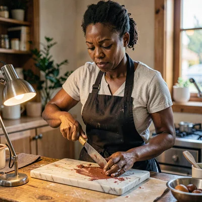 A determined Black chocolatier in her thirties tempering chocolate on a marble s