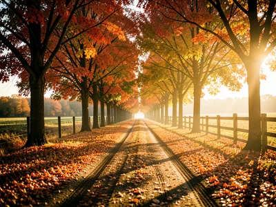 A country road lined with maple trees photographed in peak autumn, the canopy a 