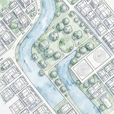 Plan view of a city neighborhood featuring a meandering river in soft blue wash,