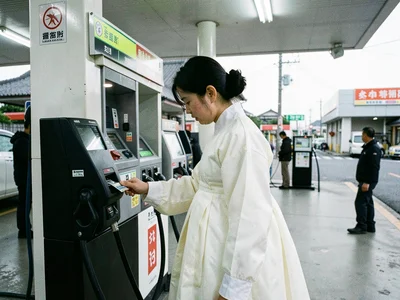 White ceremonial hanbok at gas station pump, inserting credit card into payment 