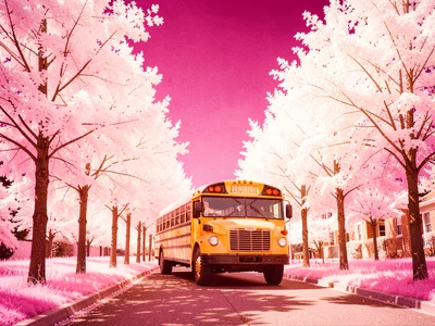 A school bus parked on a tree-lined street where every tree is brilliant white