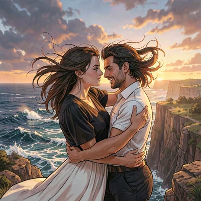 A couple embracing on windswept cliff