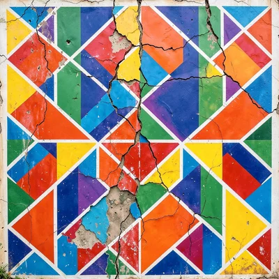 Section of painted plaster — cracked surface revealing layers of older pattern b
