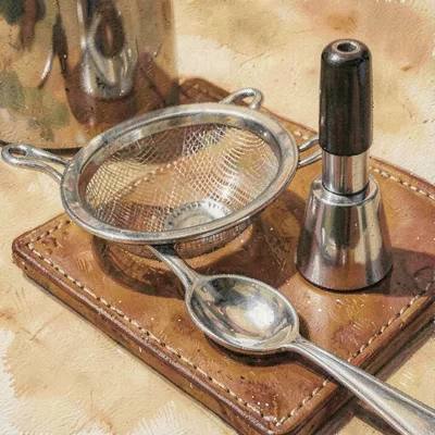 Warm macro of a bar spoon, strainer, and muddler on a leather mat
