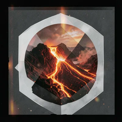 Circle containing flowing lava, molten rock glowing orange-red within clean geom