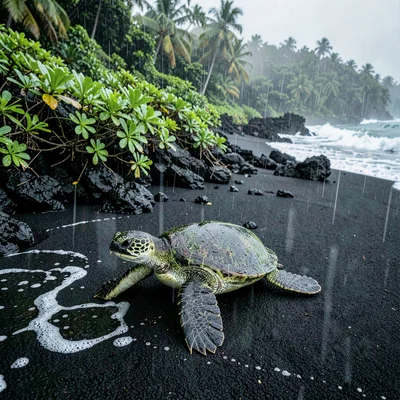 Stark black volcanic surfaces against verdant green, Black sand beach with a sin
