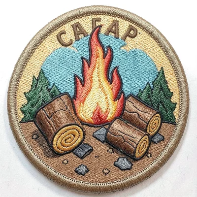 Embroidered patch illustration, Campfire with three logs and flames , merit badg