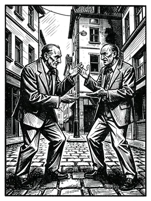Two figures arguing on a street corner, angular distorted gestures