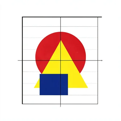 Red circle, yellow triangle, and blue square arranged in proportional grid — ove