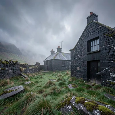 Highland atmospheric mist, Skye grey-green-purple, Ruined blackhouse walls, gras