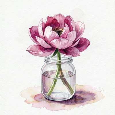A single peony in a glass jar, petals layered from deep magenta to pale pink, wa