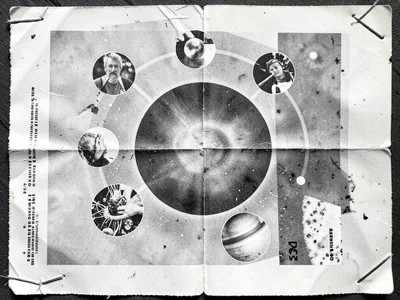 Magazine food photos cut into circles and arranged as a solar system, the larges