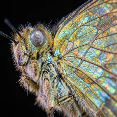 A butterfly proboscis coiled like a clock spring, compound eye filling one corne