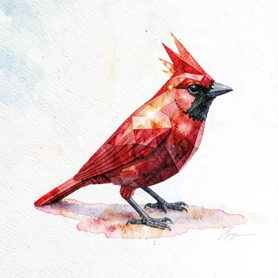 Cut ruby-red lowpoly cardinal bird perched with crest raised, brilliant scarlet 