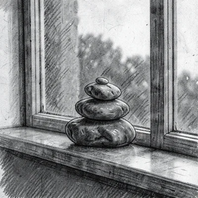 Charcoal of a small pile of stones stacked carefully on a windowsill, smudgy gra