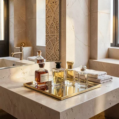 Contemporary Gulf photograph with heritage contrasts, Perfume bottles in graduat