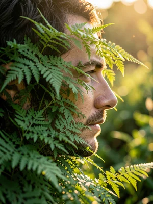 Man's profile filled with dense fern fronds, green botanical portrait, double ex