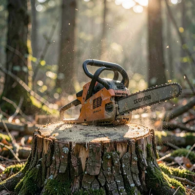 Moody view of a chainsaw resting on a stump after a careful removal, sawdust dri