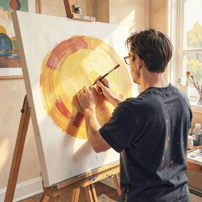 Warm illustration of an acrylic painter blocking a large color shape on a primed