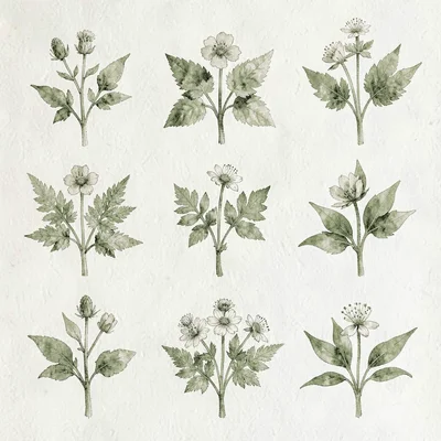 Gouache botanical plate of nine shade-loving plants laid in a grid, matte mossy 