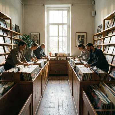Wide interior of curated bins of vinyl with browsers leaning over the dividers,