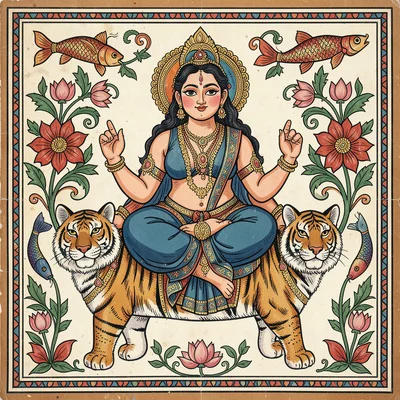 Durga figure seated on tiger — symmetrical flanking flowers, stylized face, fron
