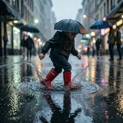 A child in red rain boots stomping in a puddle, the splash frozen mid-air, rain 