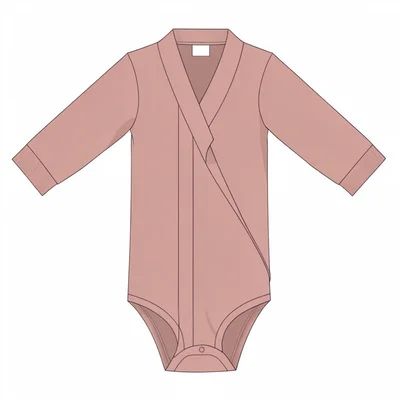 Flat-vector composition of a kimono onesie unfolded into a perfect cross, dusty