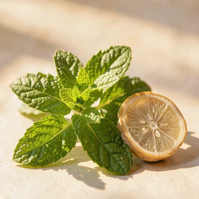 botanical of a sprig of mint and a slice of ginger, soft warm light