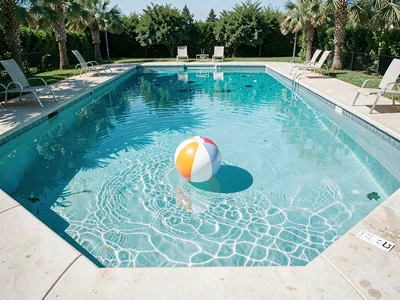 Empty swimming pool with one beach ball at exact center, summer waiting