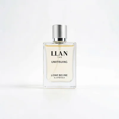 Clean studio still of an unbranded perfume flacon on smooth bone-white sweep, so
