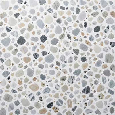 Monochrome terrazzo: various white and pale grey marble chips in white cement, s