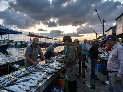 Fish market vendors at dawn under heavy clouds, silver fish and silver light