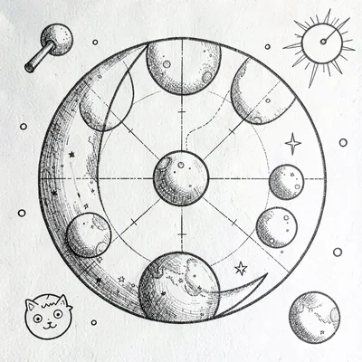 hand-drawn lunar phase chart, simple icons, no text